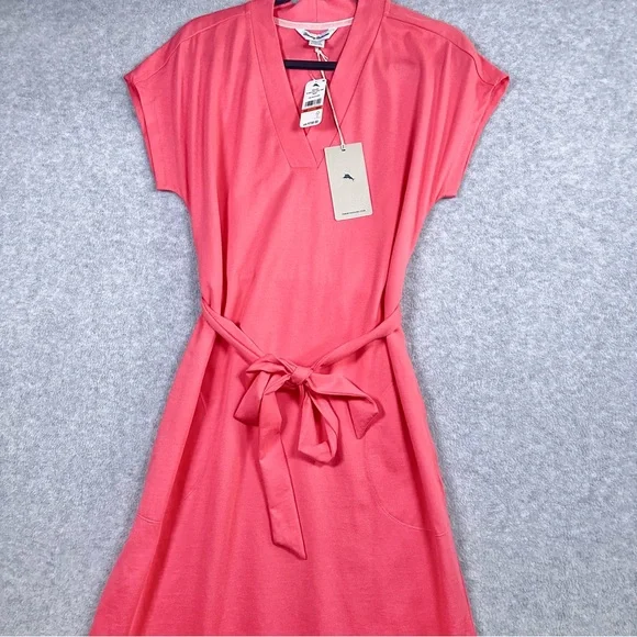 Tommy Bahama Islandscape Jersey Midi Dress NWT Melon Berry V Neck Pockets XS - Picture 4 of 16